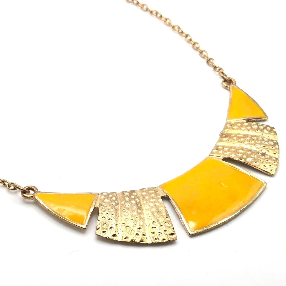 Vintage Goldtone Statement Necklace Crescent Yellow Enamel Pendant